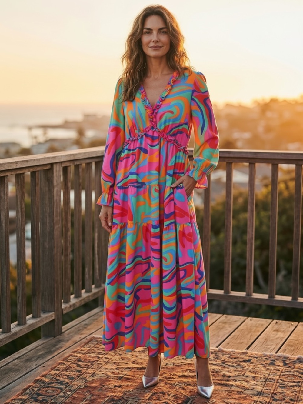 Vibrant Multicolor Maxi Dress with Ruffle Trim